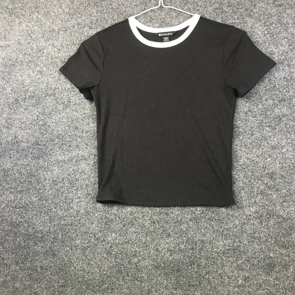 Athleta Ringer Tee Womens‎ Small Black Excellent Ribbed Short Sleeve Crew Neck